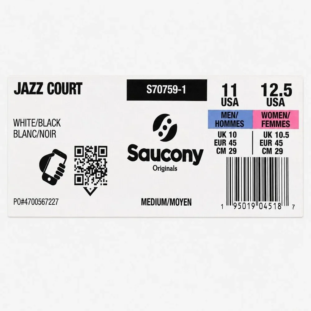 Saucony Jazz Court S70759-1 White Black Retro Sneakers Men’s 11 Women’s 12.5